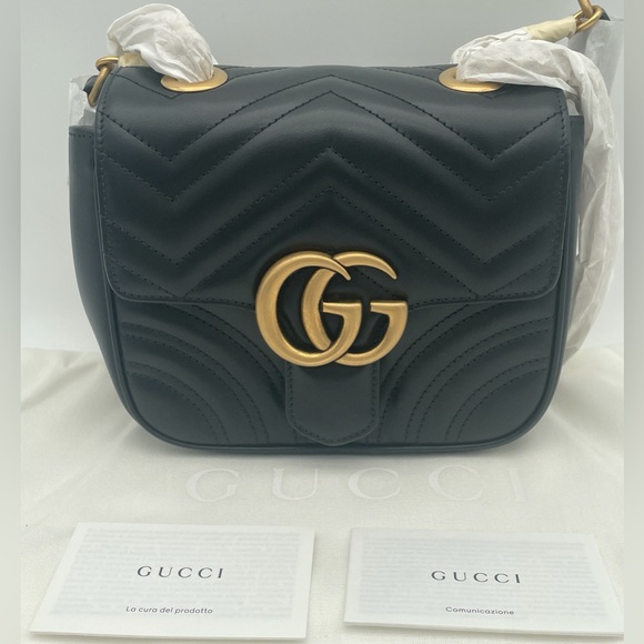 NEW! GUCCI BLACK GOLD MARMONT LEATHER CROSSBODY SHOULDER BAG PUSE AUTHENTIC - Picture 4 of 16